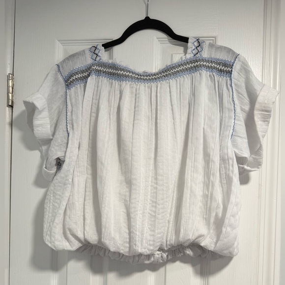 Free People White Blouse with Blue Accents - Picture 6 of 7